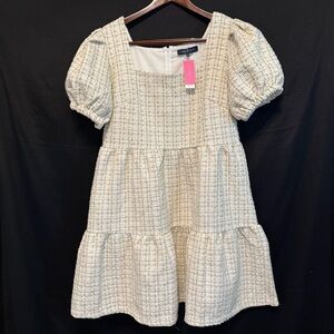 Simply Southern Tweed Puff Sleeve Dress Sz XL Square Neck Tiered Ivory Gold NWT